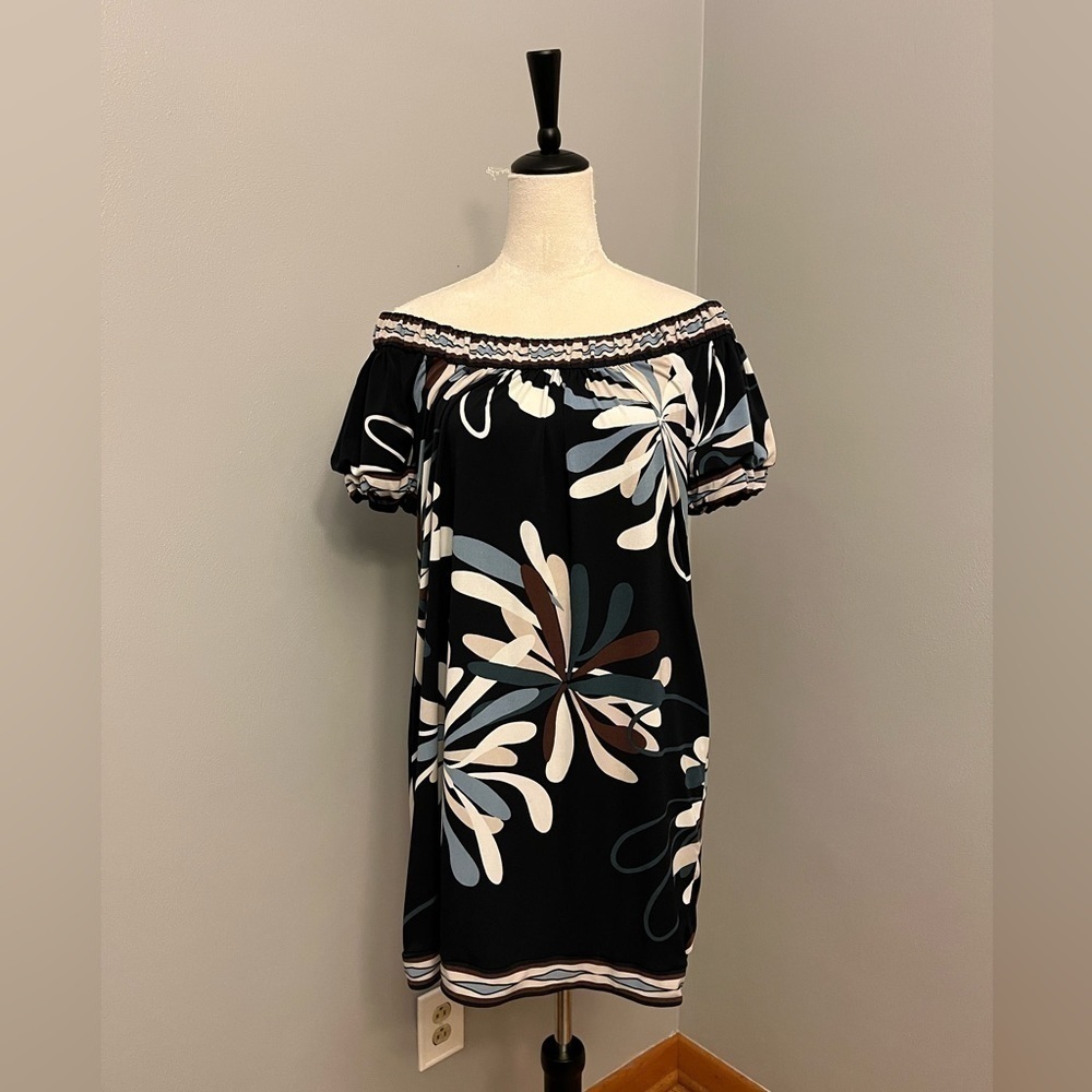 Bcbgmaxazria Off-Shoulder Patterned Mini Shift Dr… - image 1